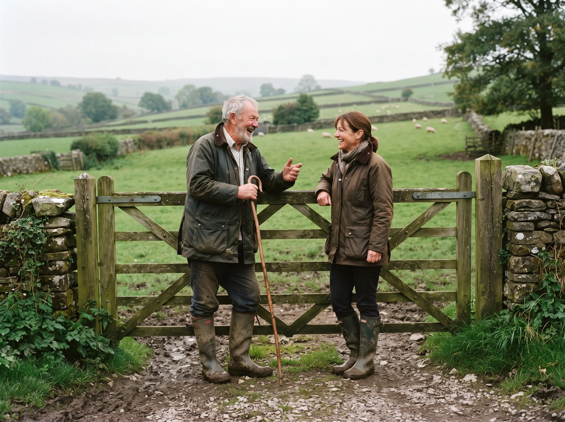 Two British farmers laughing together at a wooden farm gate, sheep grazing in a green field behind them