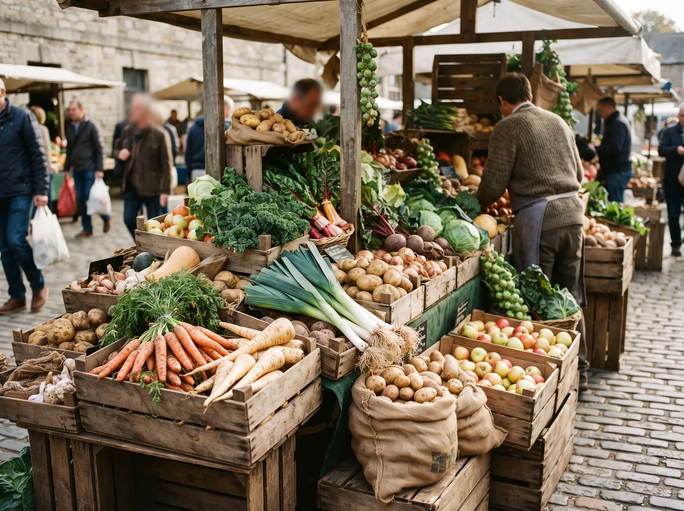 A rustic farmers market stall filled with fresh British vegetables in wooden crates: carrots, leeks, potatoes, apples and leafy greens